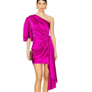 SOLACE London Marcie Mini Dress One Shoulder Fuchsia Pink Waffle Satin Size 0